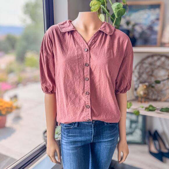 Dazy, Women's Medium, Solid Button Front Shirt Bishop Sleeves, Rusty Brown Rose - Picture 2 of 8